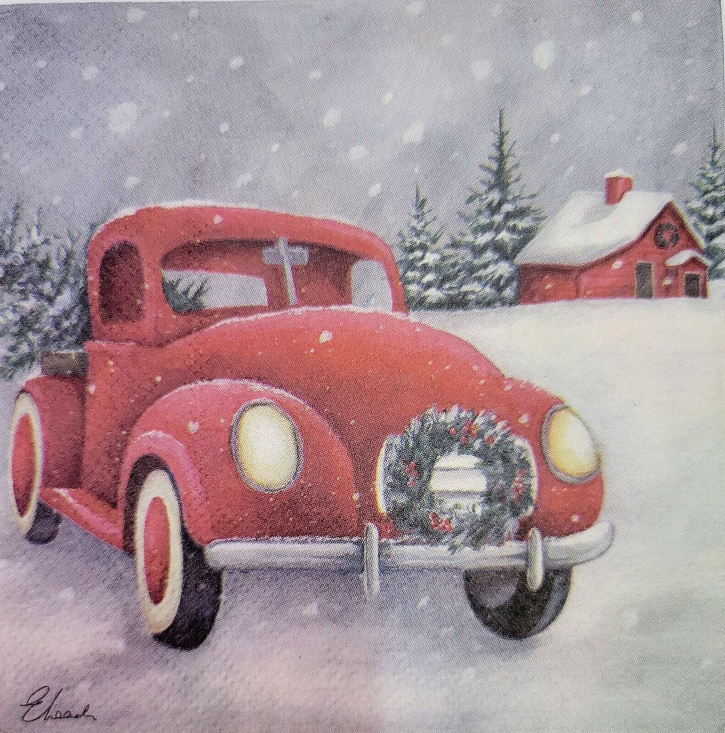 TWO Individual Paper Cocktail Decoupage Napkins - 2185 Winter Farm Red Truck