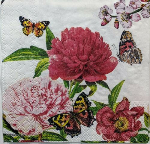 TWO Individual Paper Cocktail Decoupage Napkins- Peonies & Butterfly 1156