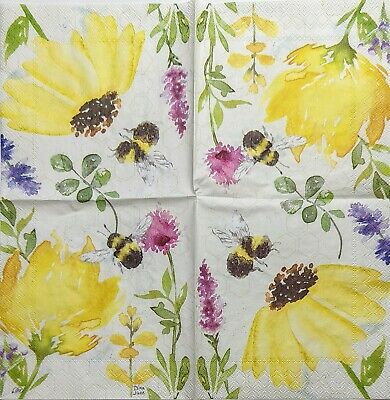 TWO Individual Paper Cocktail Decoupage Napkins - 1954 Summer Floral Bees