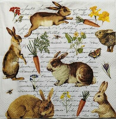 TWO Individual Paper Lunch Decoupage Napkins - 1900 Nature's Rabbit Script