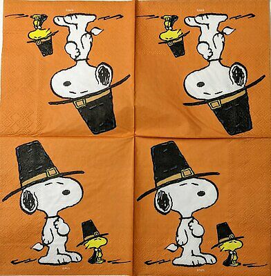 TWO Individual Paper Cocktail Decoupage Napkins - 1582 Snoopy Woodstock Pilgrims