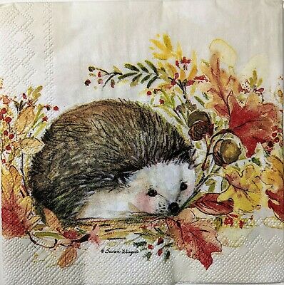 TWO Individual Paper Cocktail Decoupage Napkins - 1568 Fall Hedgehog Cuteness