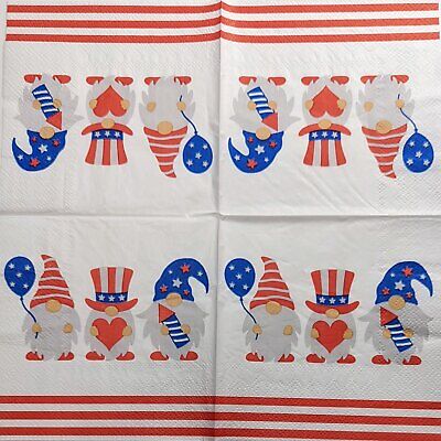 TWO Individual Paper Cocktail Decoupage Napkins - 2032 Patriotic Gnomes