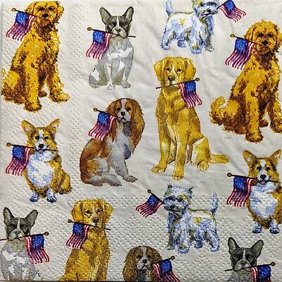 TWO Individual Paper Cocktail Decoupage Napkins - 1987 American Flag Dogs