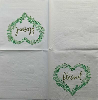 TWO Individual Paper Cocktail Decoupage Napkins - 1473 Green Blessed Heart