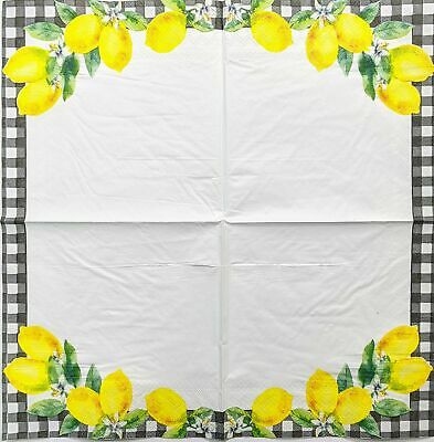 TWO Individual Paper Luncheon Decoupage Napkin - 1548 Lemons w/ Gingham Border