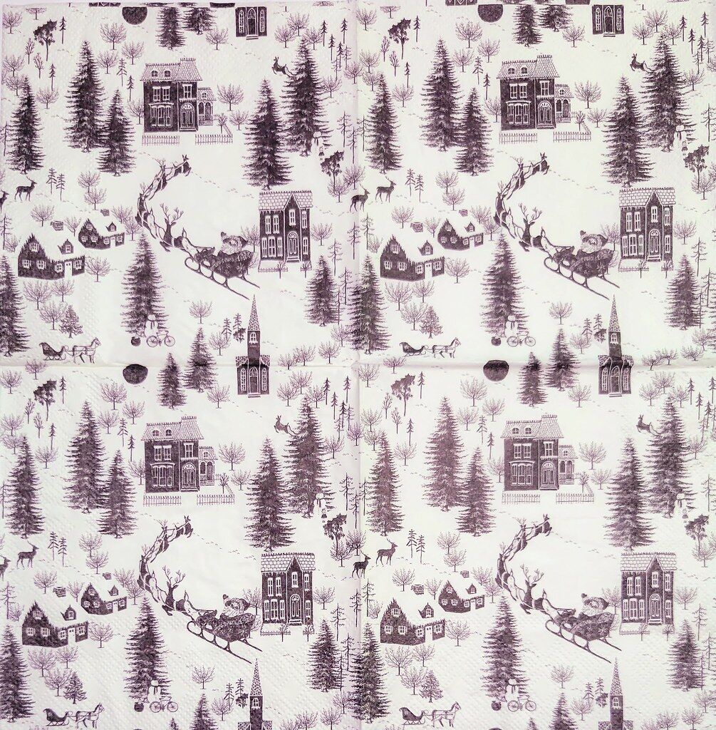 TWO Individual Paper Cocktail Decoupage Napkins- 2216 Xmas Village Black & White