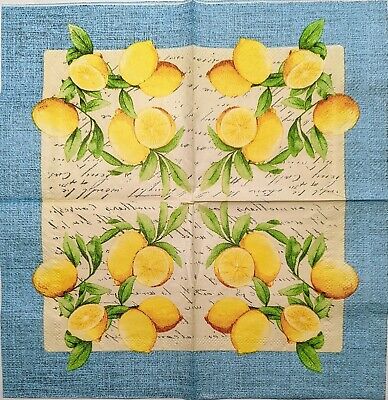 TWO Individual Paper Cocktail Decoupage Napkins-1819 Scripted Lemons Blue Border