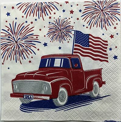 TWO Individual Paper Cocktail Decoupage Napkins - 1390 USA Flag Truck Fireworks