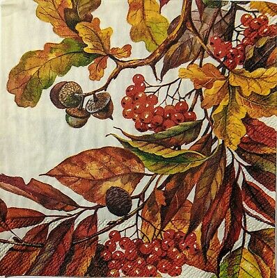 TWO Individual Paper Cocktail Decoupage Napkins - 1561 Fall's Leaves & Berries