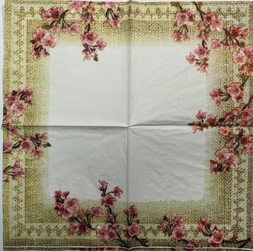 TWO Individual Paper Cocktail Decoupage Napkins- Burlap w/ Pink Blossoms 1135