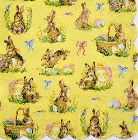 TWO Individual Paper Cocktail Decoupage Napkins - 2351 Yellow Easter Bunny Story