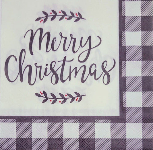 TWO Individual Paper Lunch Decoupage Napkins - 2211 Merry Christmas Gray Checked