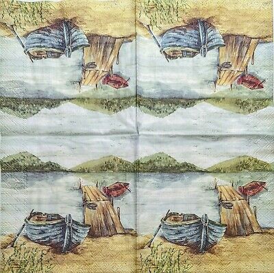 TWO Individual Paper Cocktail Decoupage Napkins - 1948 Rowboat by the Dock