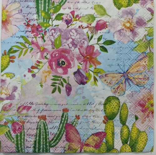 2 Individual Paper Lunch Decoupage Napkins-Desert Flowers / Cacti 1103