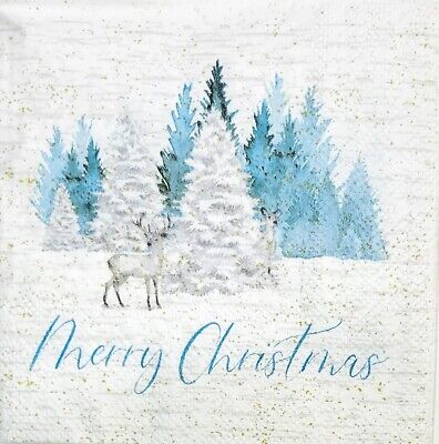 TWO Individual Paper Cocktail Decoupage Napkins - 2040 Blue Merry Christmas