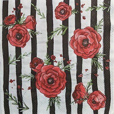 TWO Individual Paper Lunch Decoupage Napkins - 1963 Red Peonies & Stripes