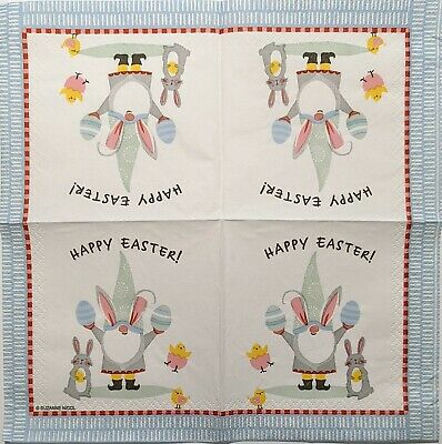 TWO Individual Paper Cocktail Decoupage Napkins - 1814 Happy Easter Gnomes