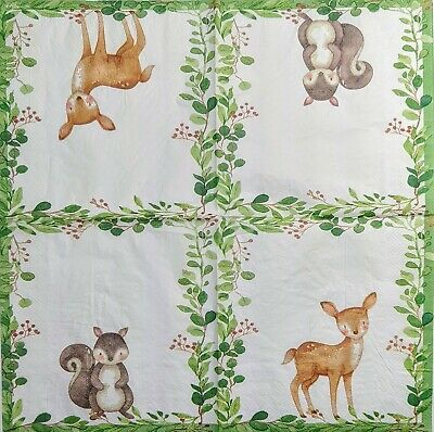 TWO Individual Paper Lunch Decoupage Napkins - 1968 Forest Deer & Squirrel