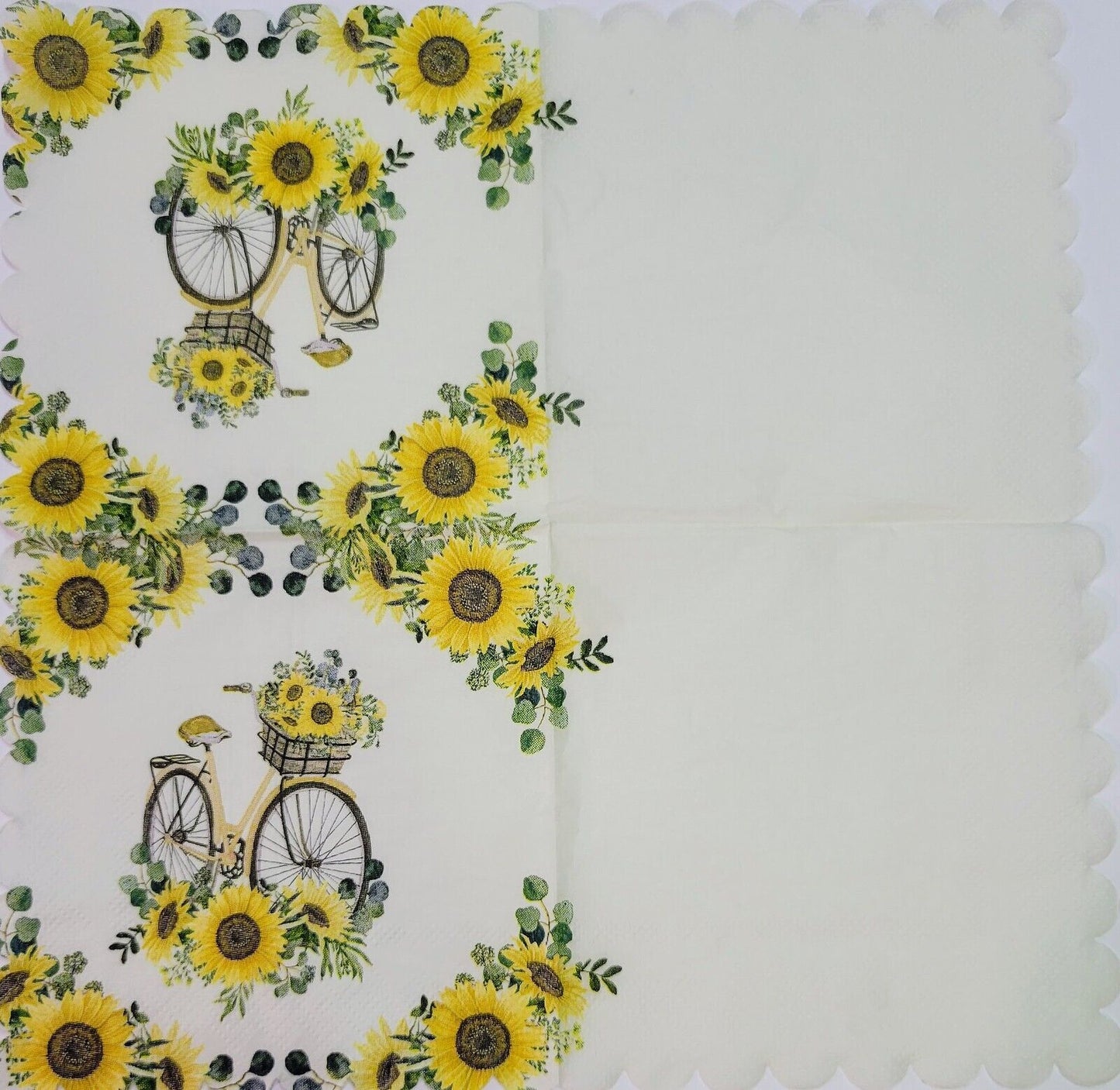 2 Individual Paper Cocktail Decoupage Napkins - 2172 Scalloped Sunflower Bicycle