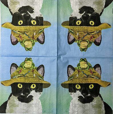 TWO Individual Paper Cocktail Decoupage Napkins - 1534 Benny Fishing Cat w/ Frog