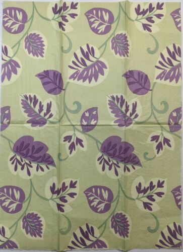 TWO Individual Paper Guest Decoupage Napkins- Purple Leaves with Green Back 1091