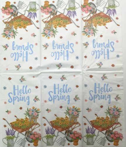 TWO Individual Paper Guest Decoupage Napkins - Hello Spring Wheelbarrow 1231