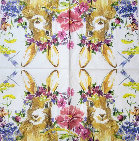 TWO Individual Paper Lunch Decoupage Napkins - 2341 Isa Floral Crowned Bunny