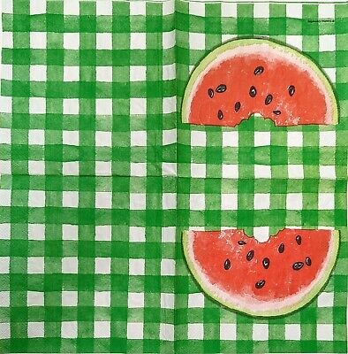 TWO Individual Paper Lunch Decoupage Napkins - 1908 Watermelon Green Check