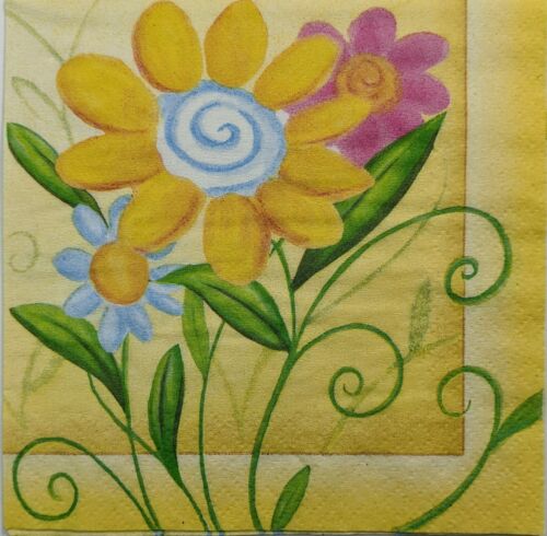 TWO Individual Paper Cocktail Decoupage Napkins-Yellow Spring Floral Medley 1158