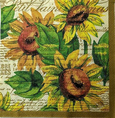 TWO Individual Paper Luncheon Decoupage Napkin- 1550 Sunflower Watercolor Script