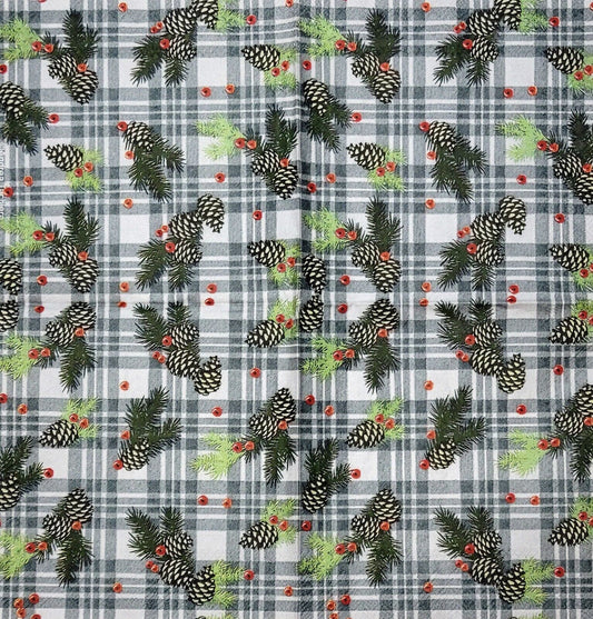 TWO Individual Paper Cocktail Decoupage Napkins - 2285 Plaid Woodland Pinecone