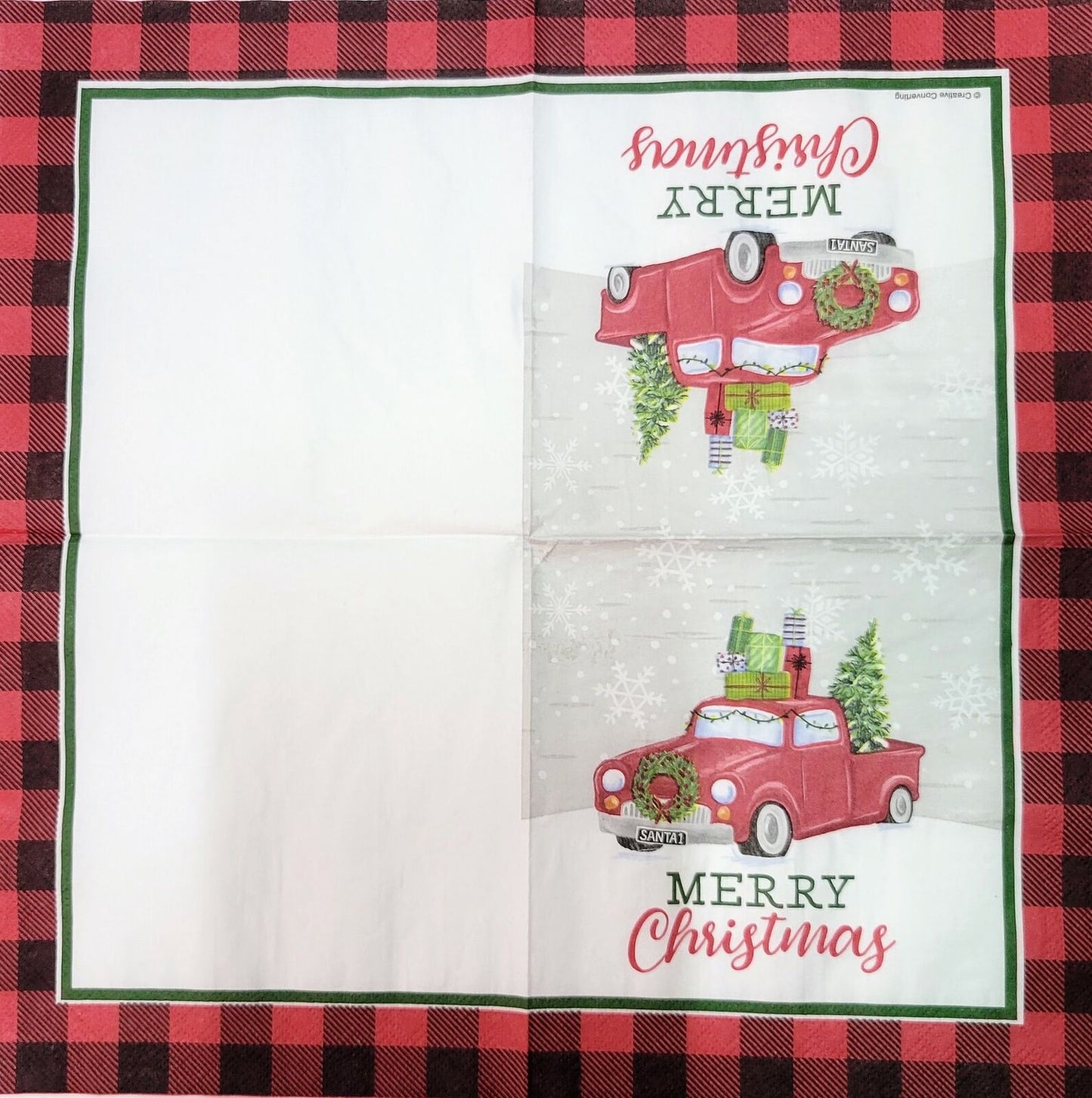 TWO Individual Paper Lunch Decoupage Napkins - 2135 Plaid Christmas Red Truck