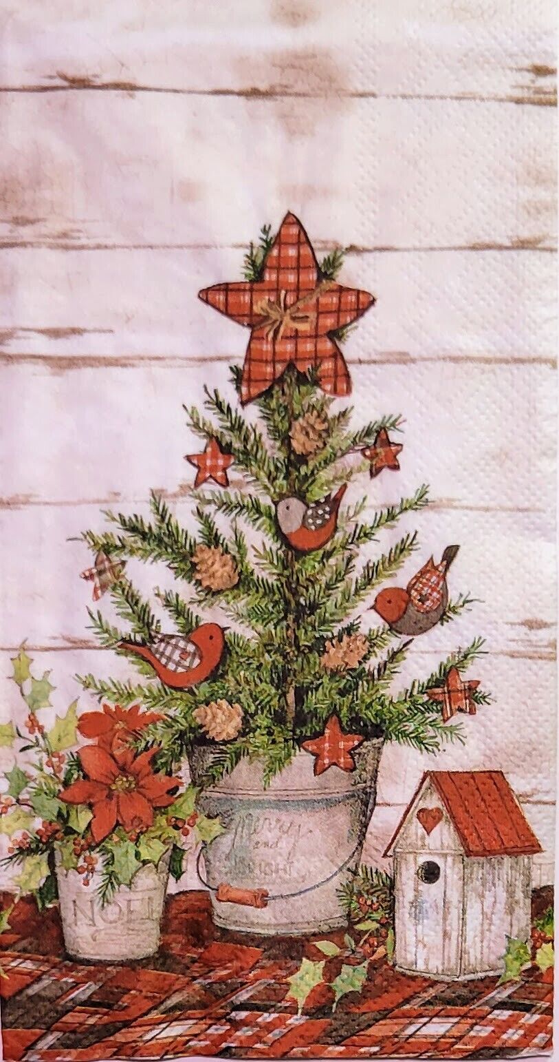 2 Individual Paper Guest Decoupage Napkins-2243 Country Birdhouse Christmas Tree