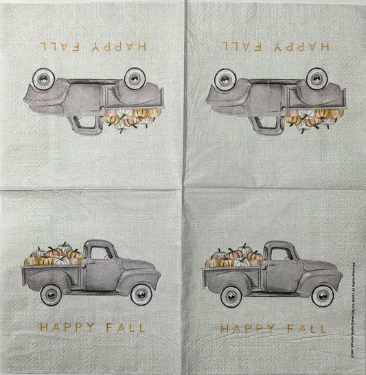 TWO Individual Paper Cocktail Decoupage Napkins - 1602 Happy Fall Gray Truck