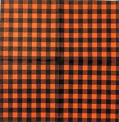 TWO Individual Paper Cocktail Decoupage Napkins- 1593 Orange Black Buffalo Check