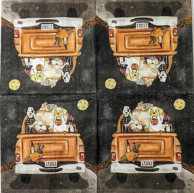 TWO Individual Paper Cocktail Decoupage Napkins - 1583 Spooky Truck Pups