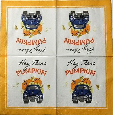 TWO Individual Paper Cocktail Decoupage Napkins - 1562 Hey There Pumpkin Truck