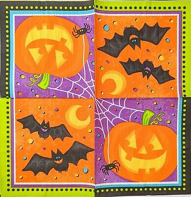 2 Individual Paper Lunch Decoupage Napkins-1705 Vibrant Halloween Pumpkin & Bats