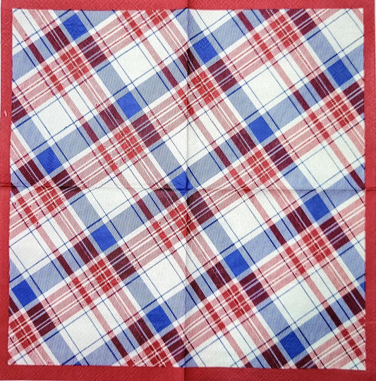 2 Individual Paper Cocktail Decoupage Napkins - 2061 Diagonal Plaid w Red Border