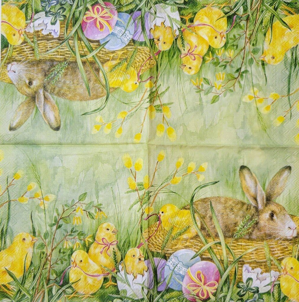 TWO Individual Paper Cocktail Decoupage Napkins-2327 Bunny & Chick Easter Basket