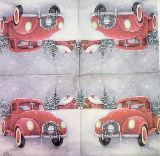 TWO Individual Paper Cocktail Decoupage Napkins - 2185 Winter Farm Red Truck