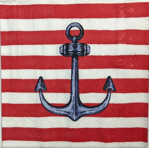 TWO Individual Paper Lunch Decoupage Napkins - Sailors Anchor Red Stripe 1339