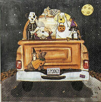 TWO Individual Paper Cocktail Decoupage Napkins - 1583 Spooky Truck Pups