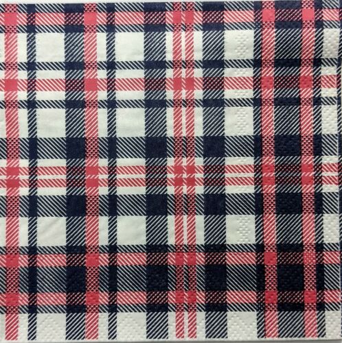 TWO Individual Paper Cocktail Decoupage Napkins - Bahama Plaid Black/Red1292