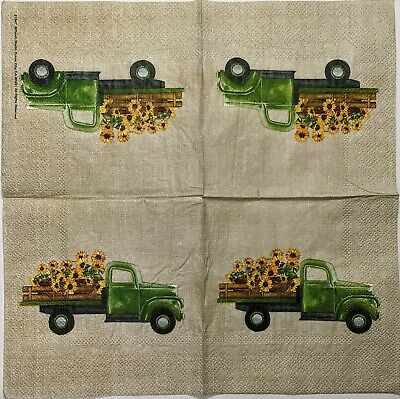 TWO Individual Paper Cocktail Decoupage Napkins - 1553 Green Fall Truck