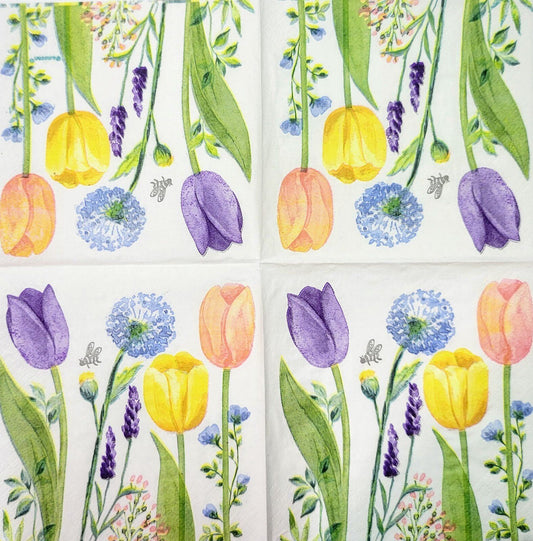 2 Individual Paper Cocktail Decoupage Napkins - 2064 Tulip Garden with Bee