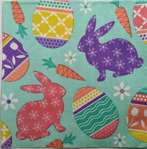 TWO Individual Paper Lunch Decoupage Napkins -Easter Stripes Bunnies & Eggs 1172