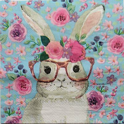 TWO Individual Paper Cocktail Decoupage Napkins - 1807 Bunny Flora with Glasses