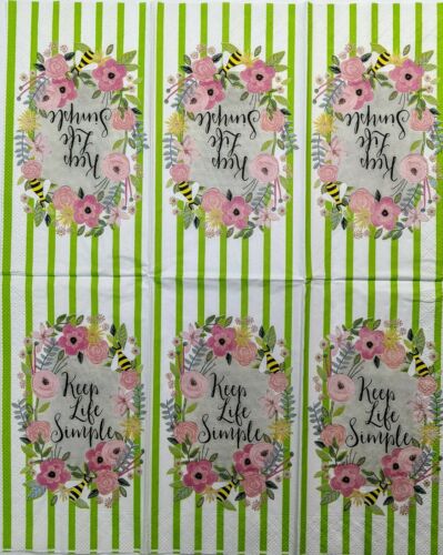 TWO Individual Paper Guest Decoupage Napkins- Keep Life Simple Green Stripe 1235